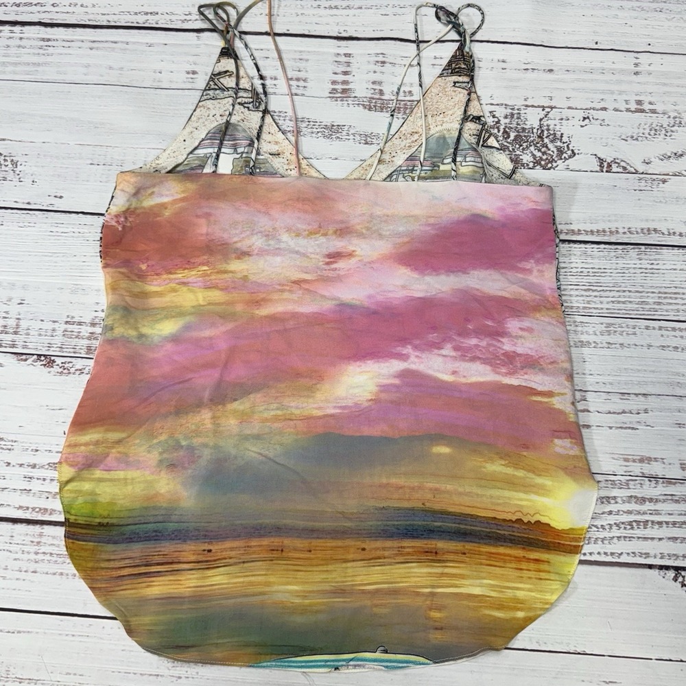 Amanda Uprichard Cami Women M Beach Sunset Graphic 100% Silk Spaghetti Strap - Picture 6 of 10